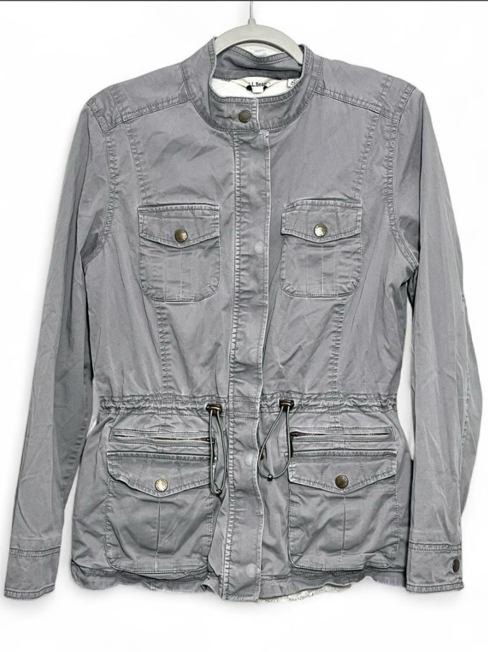 LL Bean Gray Fleece Lined Jacket Utility Field Safari Coat Women Medium Pockets